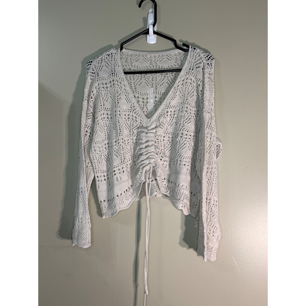 Boho Crochet Knit Ruched Front V-Neck Sweater Cream Long Sleeve Cropped Top